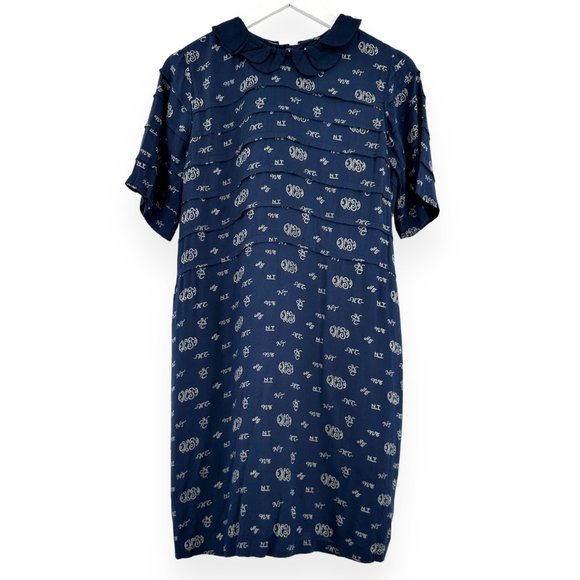 Nice Things Paloma S Navy Blue Short Sleeve Printed Ruffle Collar Midi Dress - Picture 1 of 8